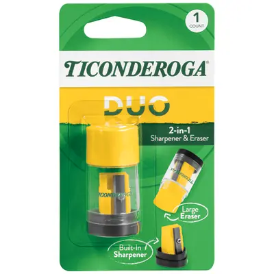 Ticonderoga DUO 2-in-1 Pencil Sharpener & Eraser, Yellow, 1 Count