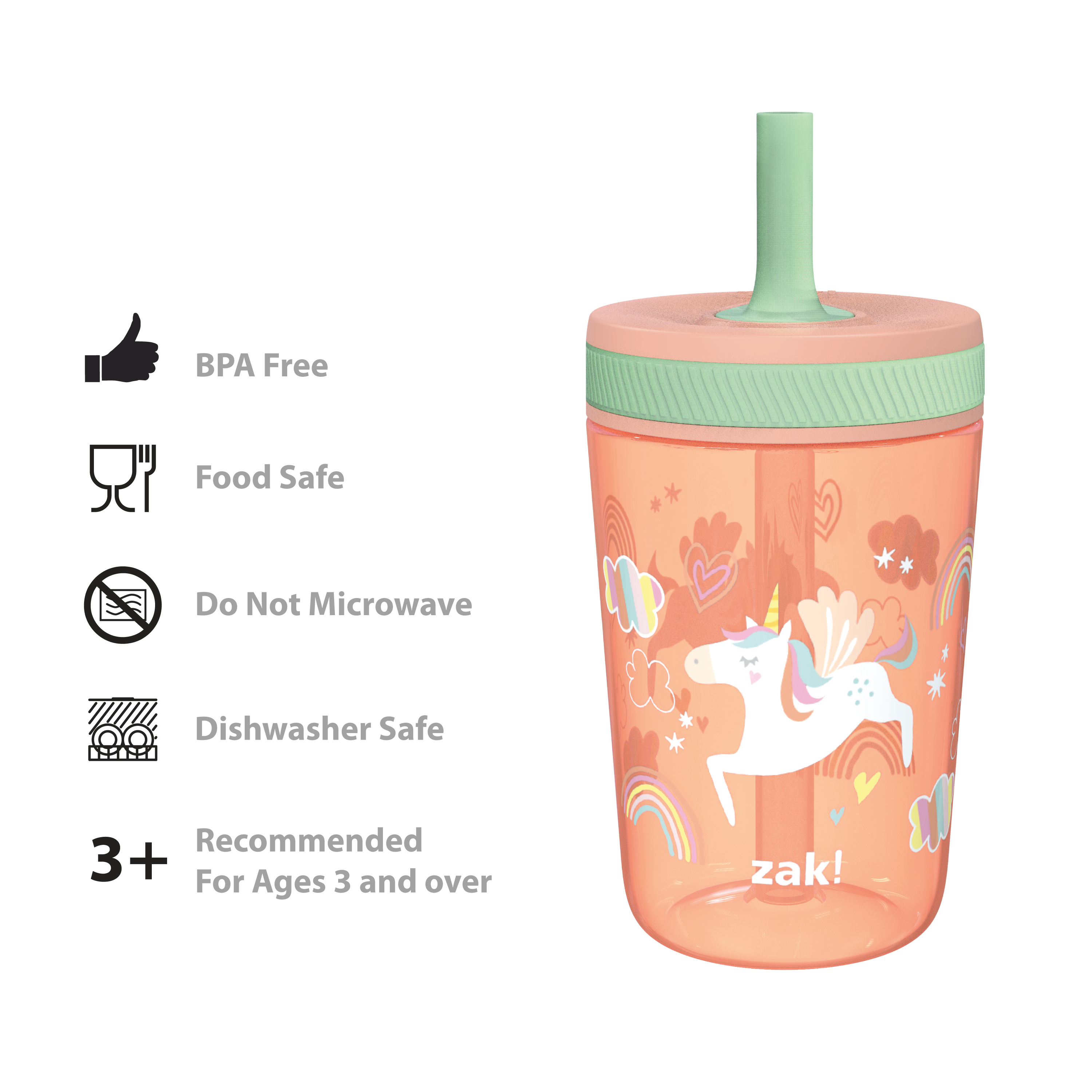 Zak Hydration 15  ounce Plastic Tumbler with Lid and Straw, Unicorns, 2-piece set slideshow image 8