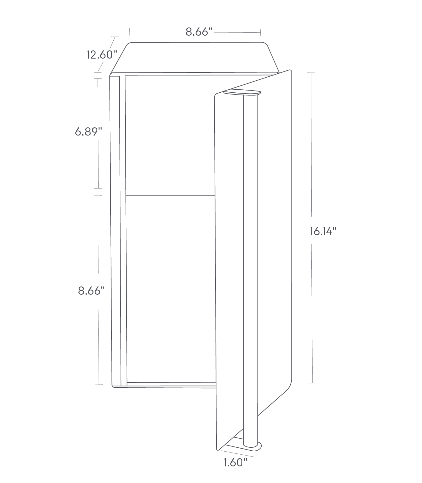 Dimension image for Bread Box - Two Styles on a white background including dimensions L 14.2 x W 8.7 x H 16.1 inches