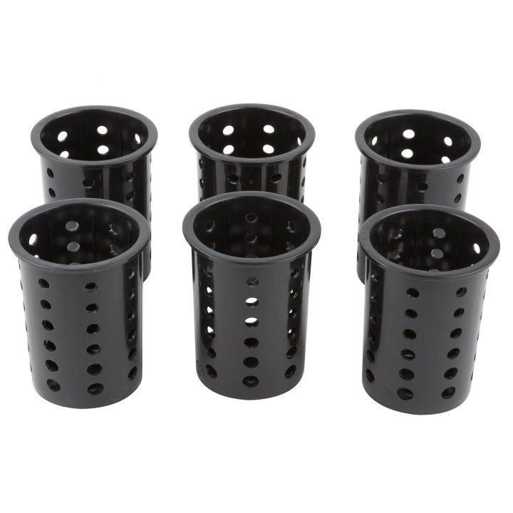 Six-compartment vertical countertop flatware organizer with removable black perforated cylinders