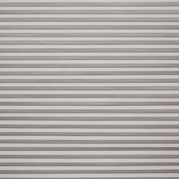 Horizontal slatted roller shutter (narrow, textured beige‑gray metal slats) — fully closed, overlapping — blocking light and view across a window or doorway in neutral indoor lighting.