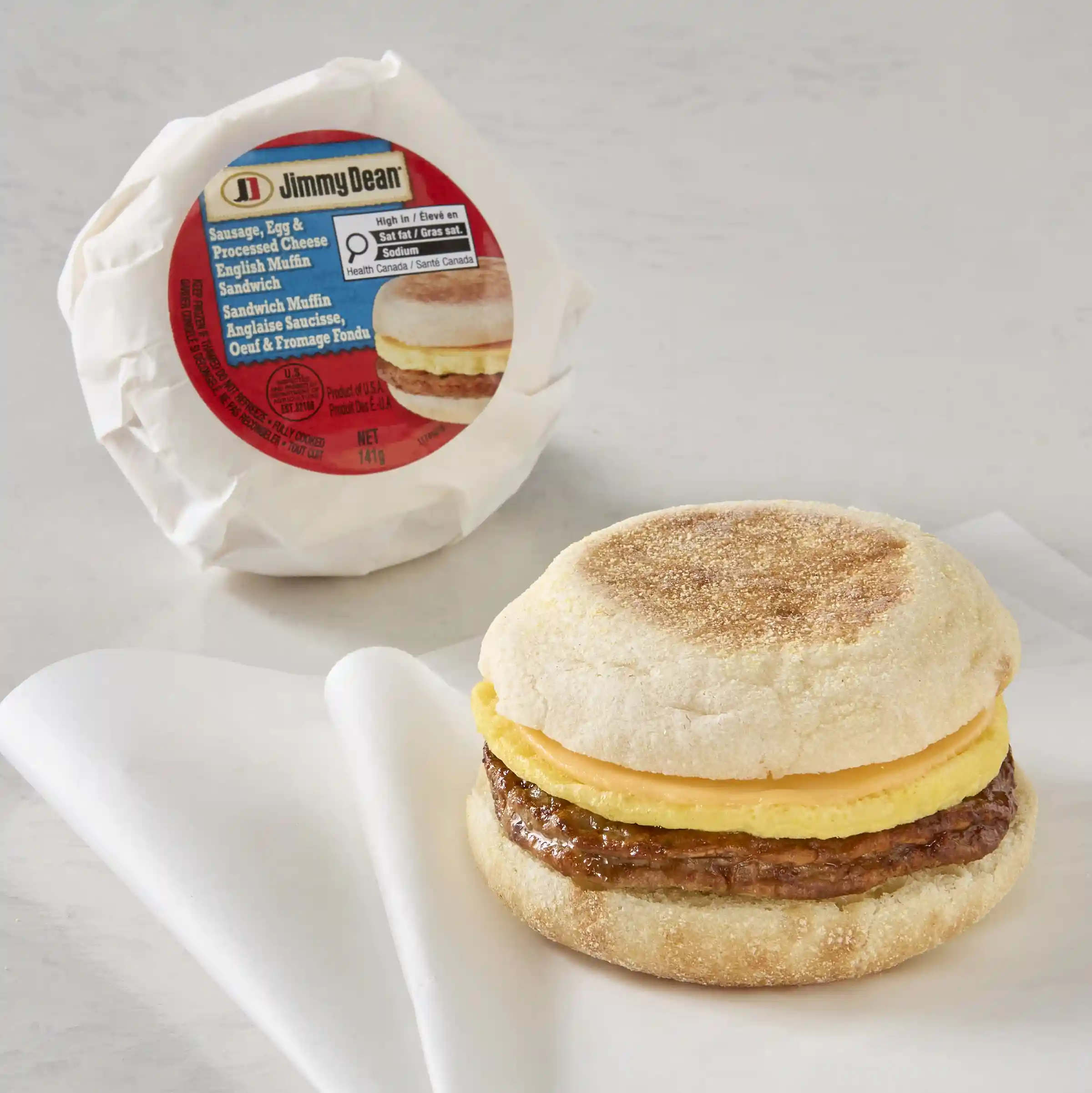 Jimmy Dean® Butcher Wrapped Sausage, Egg and Cheese Muffin Sandwich https://images.salsify.com/image/upload/s--J2Wawc1h--/q_25/nvknw3pogyvkqecrznet.webp