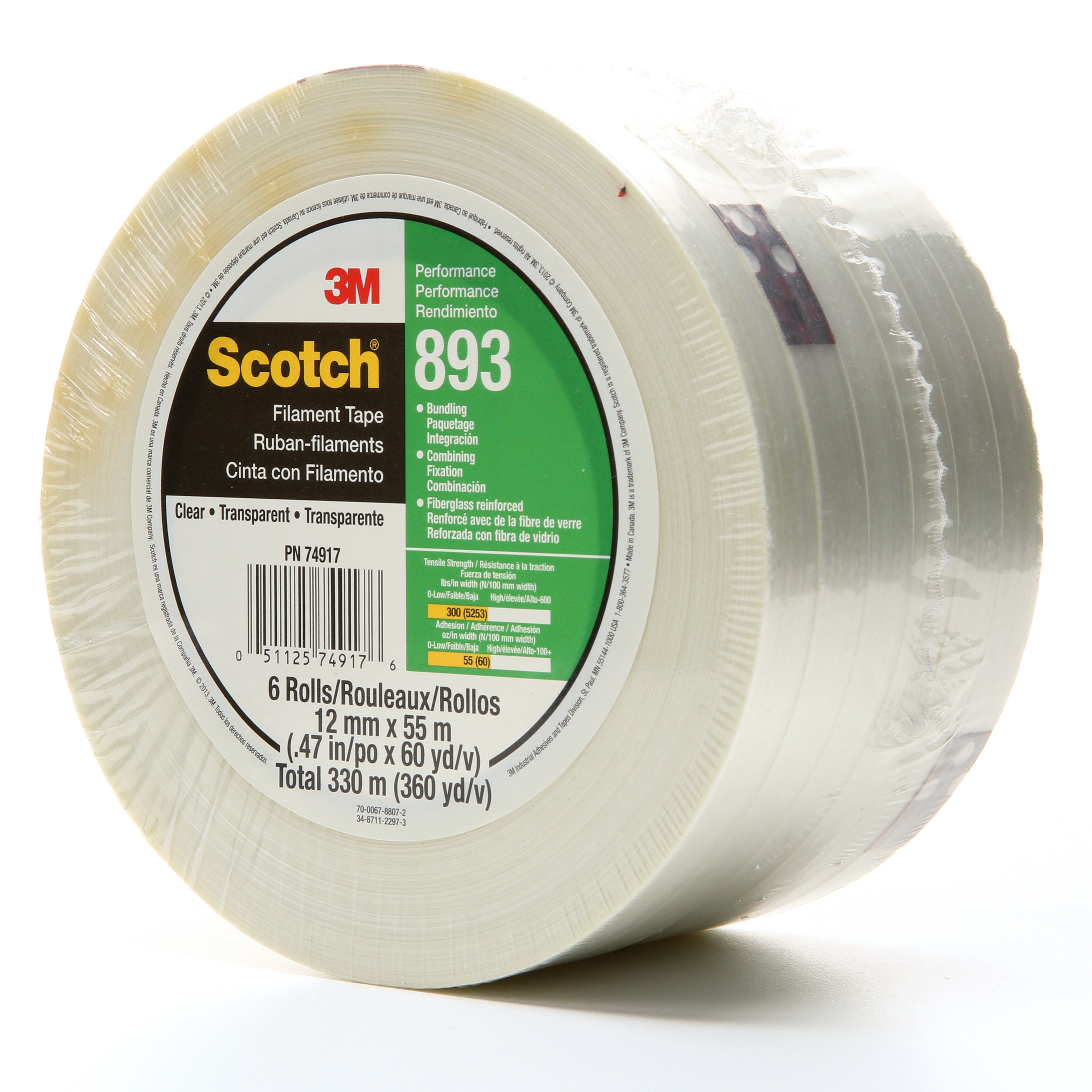 Scotch® Filament Tape 893, Clear, 12 mm x 330 m, 6 mil, 12 rolls per
case