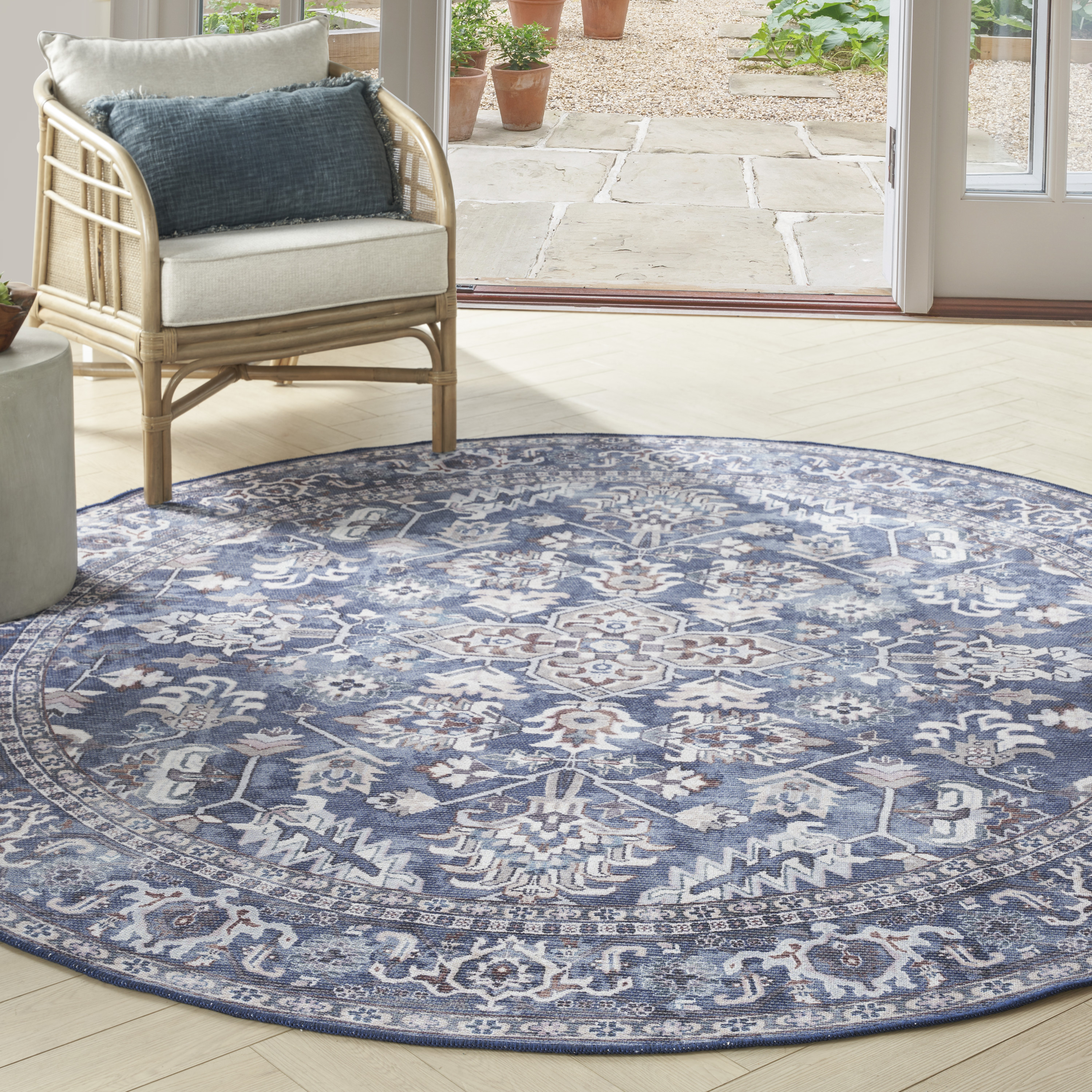 Nourison New Concept Washables 7'10" x Round Navy Ivory Vintage Indoor Rug