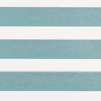 Horizontal striped roller blind with alternating teal textured bands and white opaque bands; bands lie flat and aligned, shown in a close-up, evenly lit, flat composition.