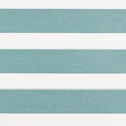 Horizontal striped roller blind with alternating teal textured bands and white opaque bands; bands lie flat and aligned, shown in a close-up, evenly lit, flat composition.