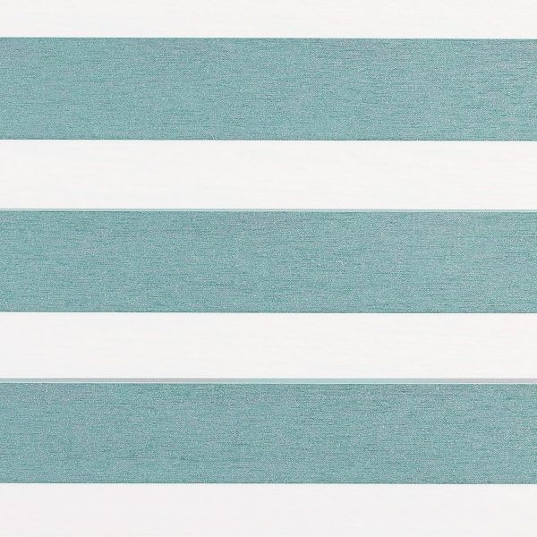 Horizontal striped roller blind with alternating teal textured bands and white opaque bands; bands lie flat and aligned, shown in a close-up, evenly lit, flat composition.