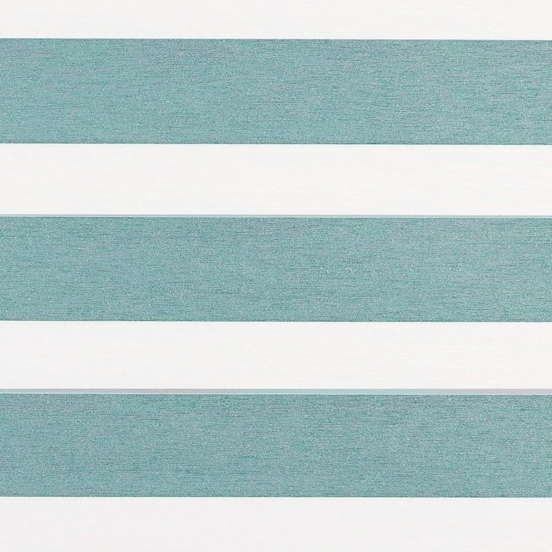 Horizontal striped roller blind with alternating teal textured bands and white opaque bands; bands lie flat and aligned, shown in a close-up, evenly lit, flat composition.