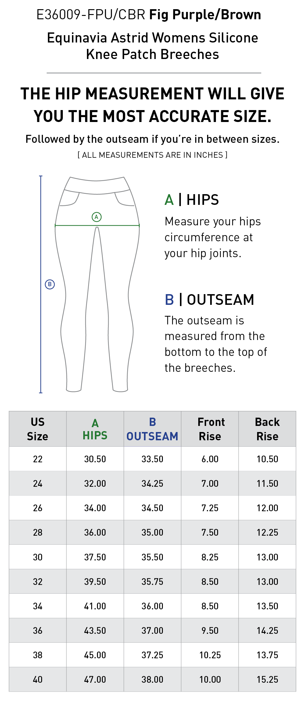 Size chart for Equinavia Astrid Womens Silicone Knee Patch Breeches - Fig Purple/Brown