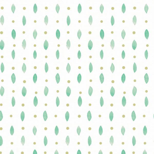 Teal watercolor leaf-shaped ovals alternate with small pale gold dots in evenly spaced vertical columns, forming a repeating geometric pattern on a white, subtly textured background.