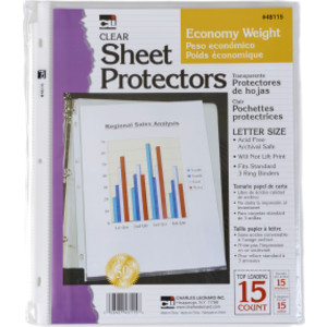 Sheet Protectors, Top Loading with Binder Holes, 2 Mils Economy Weight, Letter Size, Pack of 15