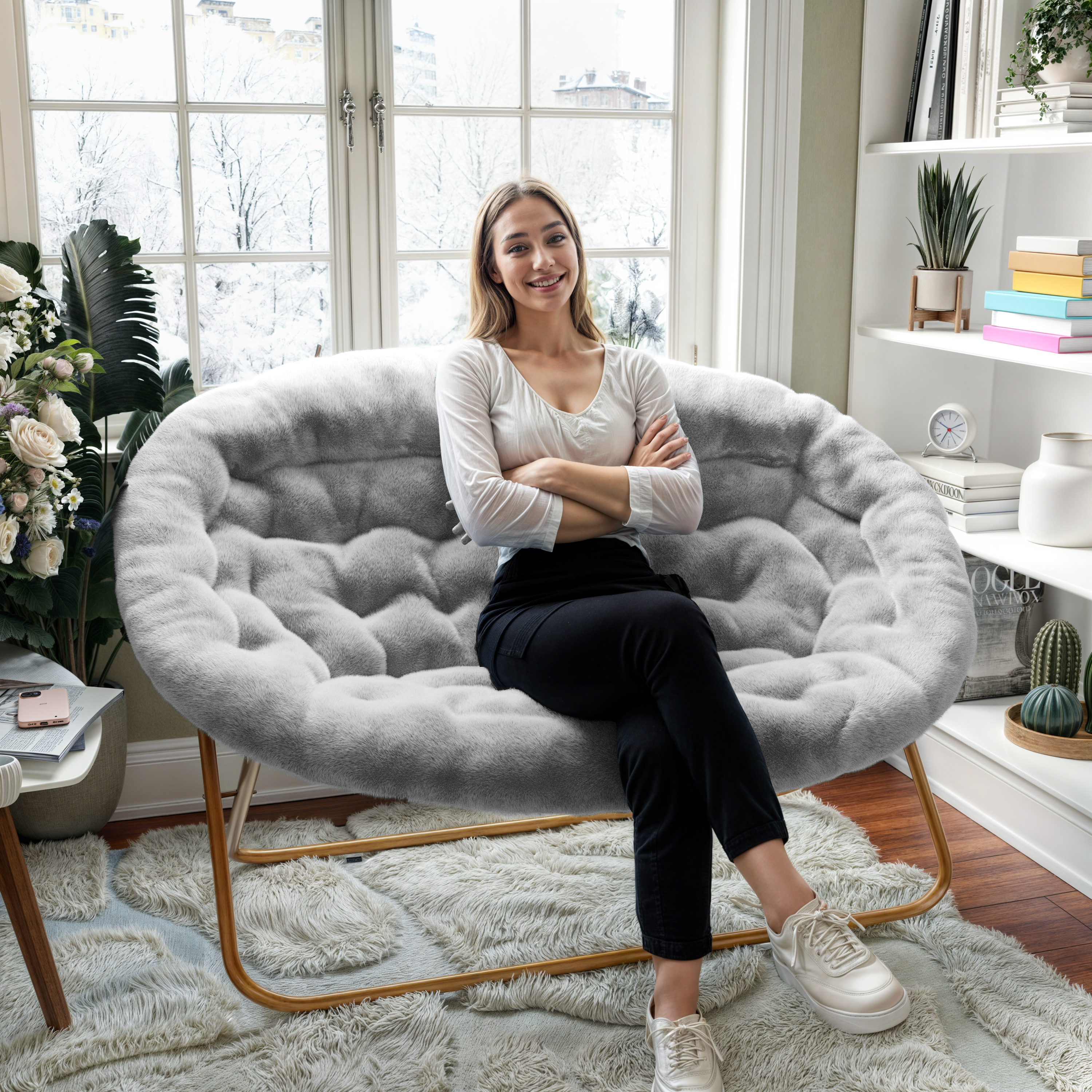 Janey Folding Double Saucer Chair in Gray Faux Fur with a Soft Gold Steel Fra... - Picture 9 of 47