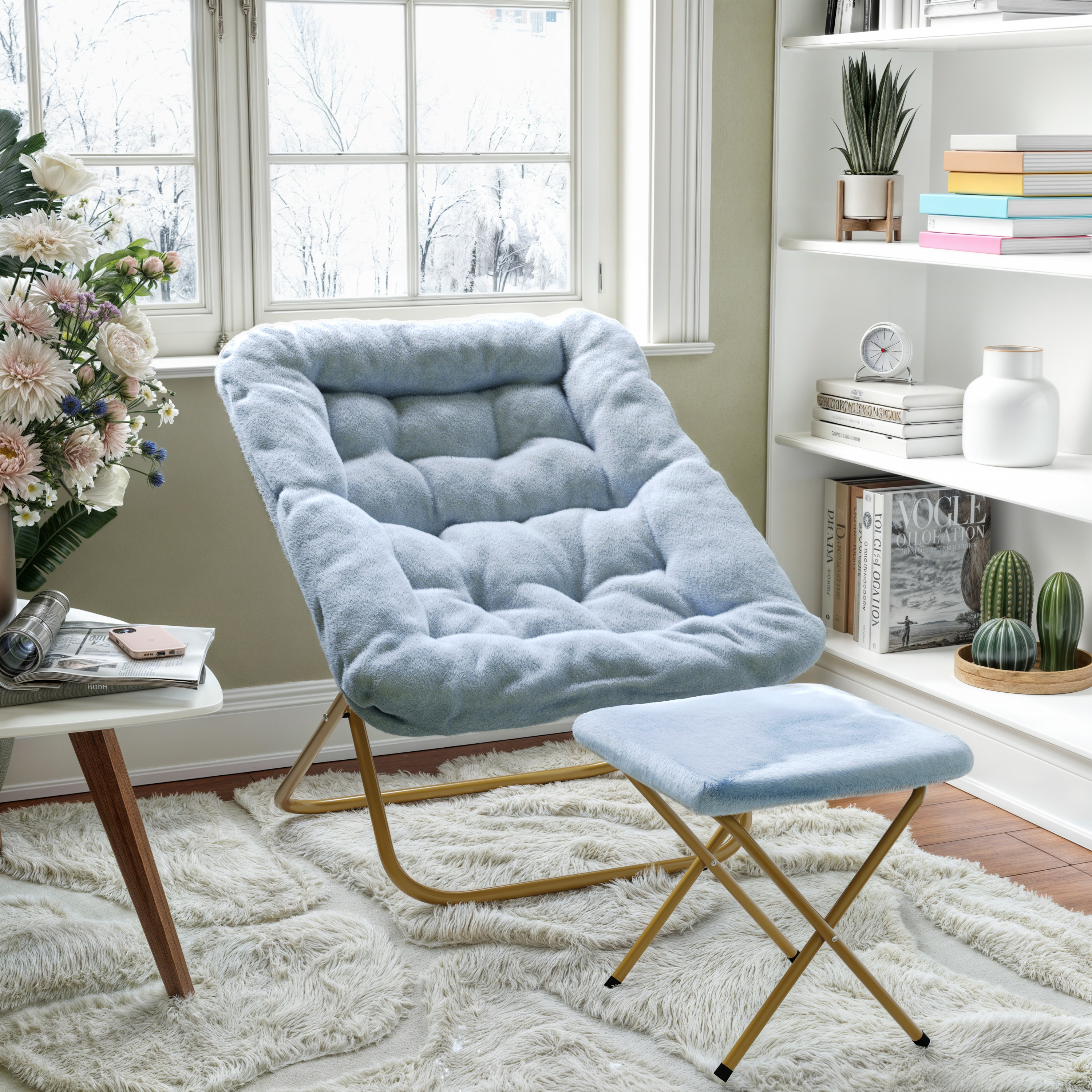 Archer 28" Oversized Portable Faux Fur Folding Saucer Chair with Folding Otto... - Picture 39 of 49