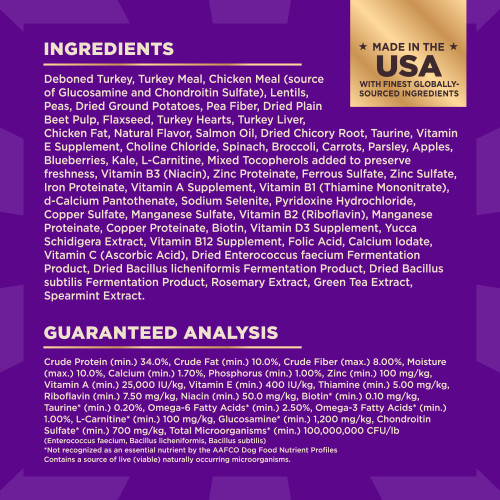 <p>Deboned Turkey, Turkey Meal, Chicken Meal (source of Glucosamine and Chondroitin Sulfate), Lentils, Peas, Dried Ground Potatoes, Pea Fiber, Dried Plain Beet Pulp, Flaxseed, Turkey Liver, Turkey Hearts, Chicken Fat, Natural Flavor, Salmon Oil, Dried Chicory Root, Taurine, Vitamin E Supplement, Choline Chloride, Spinach, Broccoli, Carrots, Parsley, Apples, Blueberries, Kale, L-Carnitine, Mixed Tocopherols added to preserve freshness, Vitamin B3 (Niacin), Zinc Proteinate, Ferrous Sulfate, Zinc Sulfate, Iron Proteinate, Vitamin A Supplement, Vitamin B1 (Thiamine Mononitrate), d-Calcium Pantothenate, Sodium Selenite, Pyridoxine Hydrochloride, Copper Sulfate, Manganese Sulfate, Vitamin B2 (Riboflavin), Manganese Proteinate, Copper Proteinate, Biotin, Vitamin D3 Supplement, Yucca Schidigera Extract, Vitamin B12 Supplement, Folic Acid, Calcium Iodate, Vitamin C (Ascorbic Acid), Dried Enterococcus faecium Fermentation Product, Dried Bacillus licheniformis Fermentation Product, Dried Bacillus subtilis Fermentation Product, Rosemary Extract, Green Tea Extract, Spearmint Extract.<br />
This is a naturally preserved product<br />
Manufactured in a facility that also processes grains	</p>
