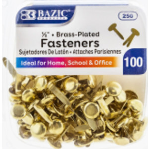 Brass-Plated Fasteners, 1/2", Pack of 100