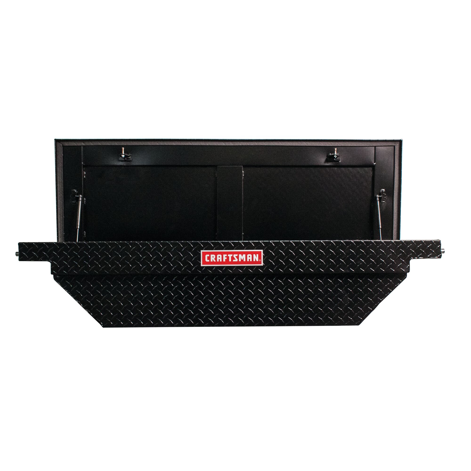 61.5 inch by 20 inch by 13 inch Matte black aluminum crossover truck tool box opened.