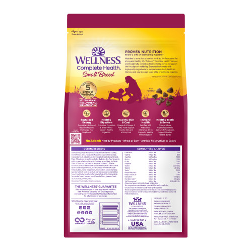 Wellness Complete Health Grain Free Small Breed Turkey, Chicken & Salmon back packaging