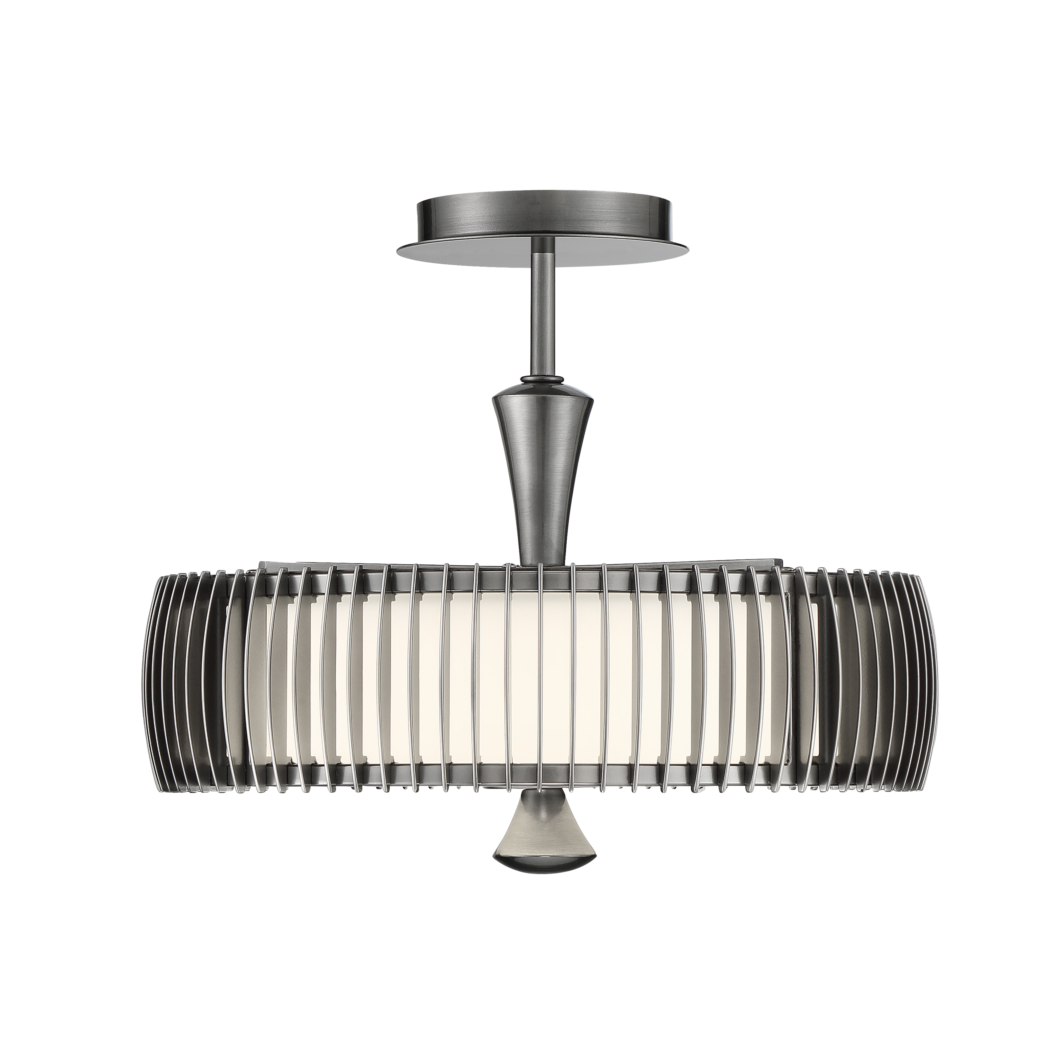 The Night Moves semi-flush mount delivers impressive 3570 lumens with 93 CRI for true color rendering. Its plated pewter finish and white acrylic shade create a clean, contemporary look perfect for modern spaces with lower ceilings. - alternate view