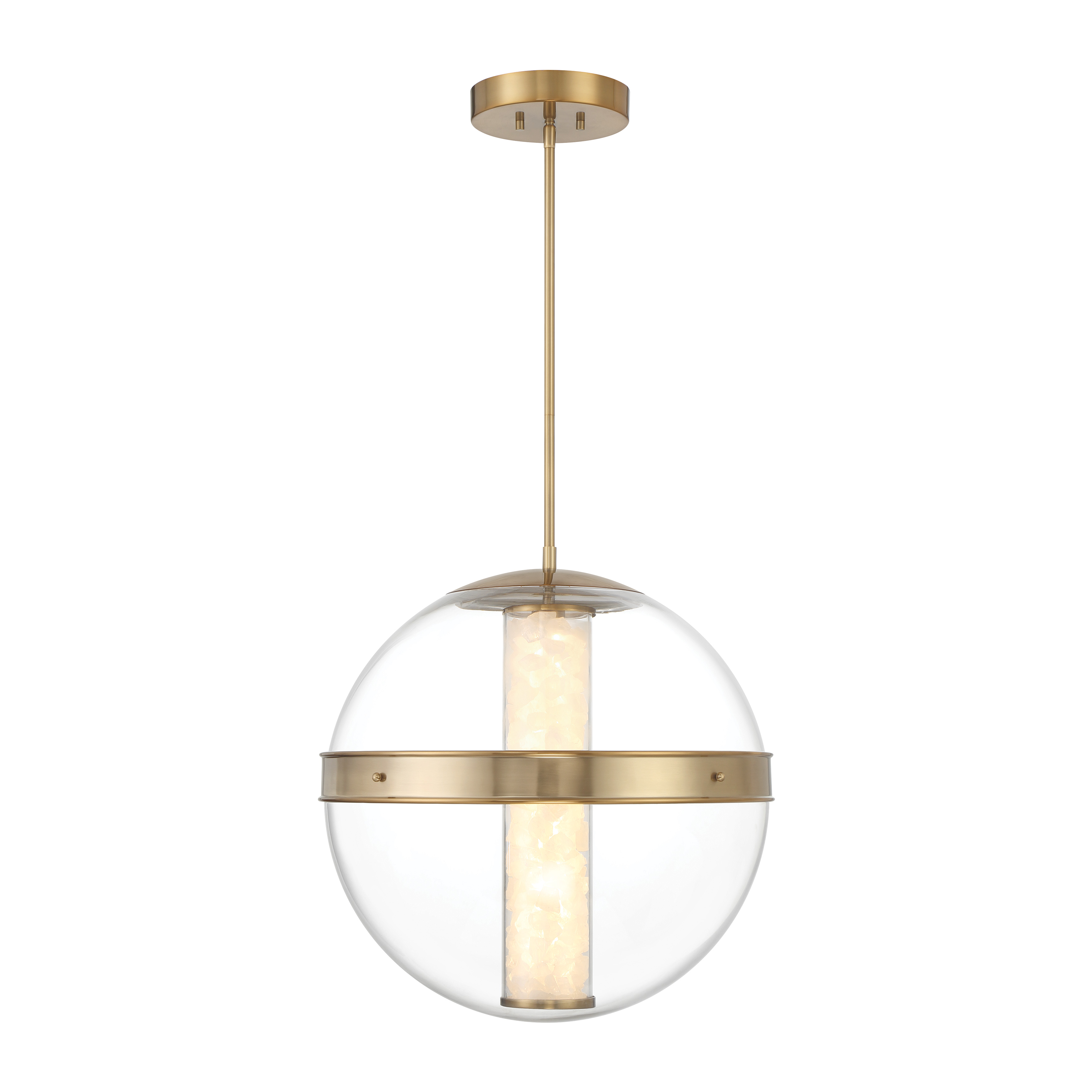 The Divinely pendant combines natural quartz crystalline with a sophisticated Celeste Brass finish, delivering 4,721 lumens of high-CRI LED light. Its 20-inch width makes it perfect for medium-sized spaces seeking elegant illumination. - alternate view