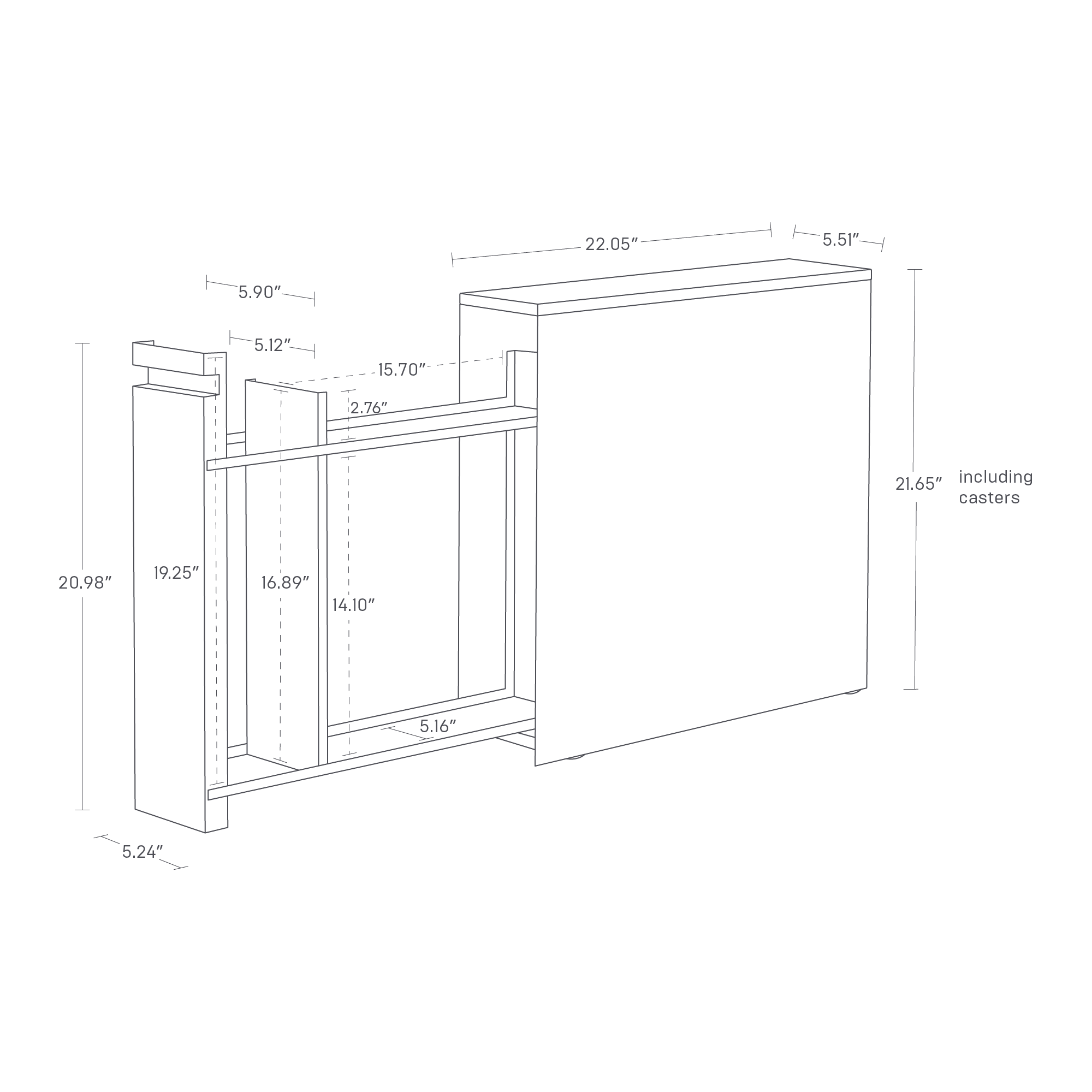 The image shows a pull-out bathroom storage cabinet with dimensions: height is 21.65" including casters, width is 22.05", and depth is 5.51". The pull-out section is 20.98" high and 5.24" wide. The inner shelf widths are 15.70" and 12.76". Shelf heights are 16.89" and 14.10". The base width is 5.16".