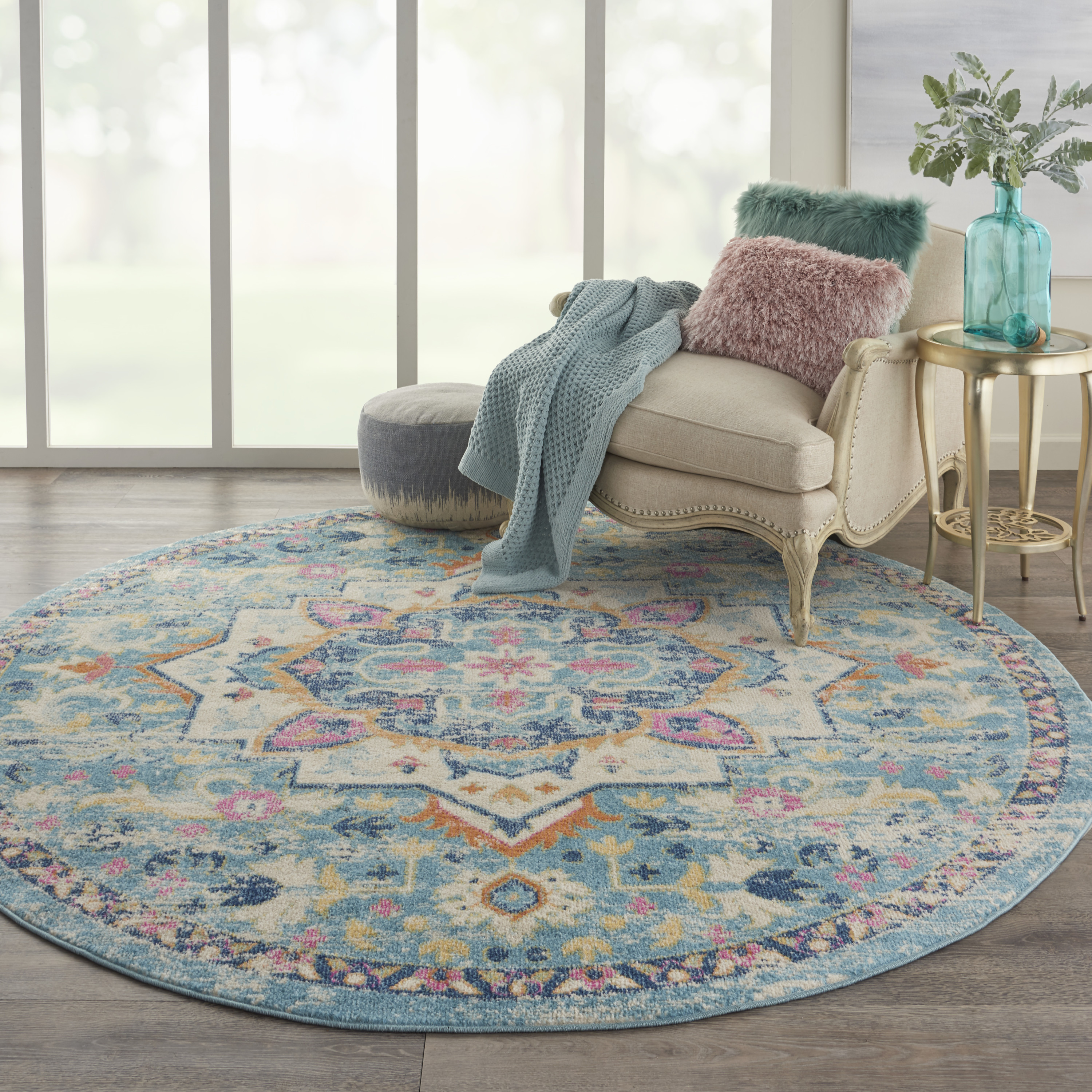 Nourison Passion 8' x Round Ivory Light Blue Bohemian Indoor Rug