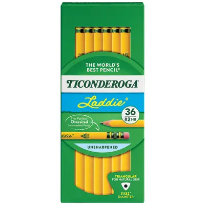 Ticonderoga Laddie Tri-Write Wood-Cased Pencils, #2 HB Soft, With Erasers, Yellow, 36 Count