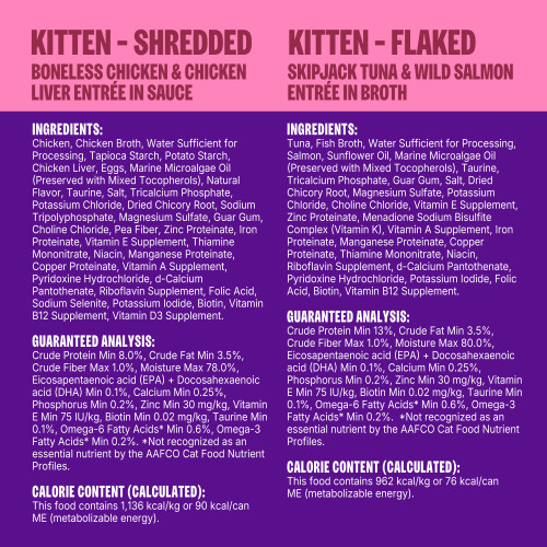 Kitten Shredded Boneless Chicken & Chicken Liver Entrée in Sauce:
Chicken, Chicken Broth, Water Sufficient for Processing, Tapioca Starch, Potato Starch, Chicken Liver, Eggs, Marine Microalgae Oil (Preserved with Mixed Tocopherols), Natural Flavor, Taurine, Salt, Tricalcium Phosphate, Potassium Chloride, Dried Chicory Root, Sodium Tripolyphosphate, Magnesium Sulfate, Guar Gum, Choline Chloride, Pea Fiber, Zinc Proteinate, Iron Proteinate, Vitamin E Supplement, Thiamine Mononitrate, Niacin, Manganese Proteinate, Copper Proteinate, Vitamin A Supplement, Pyridoxine Hydrochloride, d-Calcium Pantothenate, Riboflavin Supplement, Folic Acid, Sodium Selenite, Potassium Iodide, Biotin, Vitamin B12 Supplement, Vitamin D3 Supplement.
Kitten Flaked Skipjack Tuna & Wild Salmon Entrée in Broth:
Tuna, Fish Broth, Water Sufficient for Processing, Salmon, Sunflower Oil, Marine Microalgae Oil (Preserved with Mixed Tocopherols), Taurine, Tricalcium Phosphate, Guar Gum, Salt, Dried Chicory Root, Magnesium Sulfate, Potassium Chloride, Choline Chloride, Vitamin E Supplement, Zinc Proteinate, Menadione Sodium Bisulfite Complex (Vitamin K), Vitamin A Supplement, Iron Proteinate, Manganese Proteinate, Copper Proteinate, Thiamine Mononitrate, Niacin, Riboflavin Supplement, d-Calcium Pantothenate, Pyridoxine Hydrochloride, Potassium Iodide, Folic Acid, Biotin, Vitamin B12 Supplement.