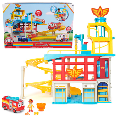 Disney Junior Firebuds, Coffret QG avec effets sonores et lumineux, camion de pompier, figurine articulée et lance-véhicule, jouets pour filles et garçons à partir de 3 ans