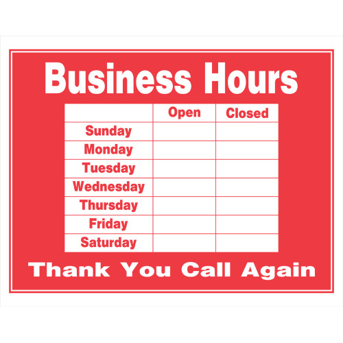 Red and White Business Hours Sign, 15