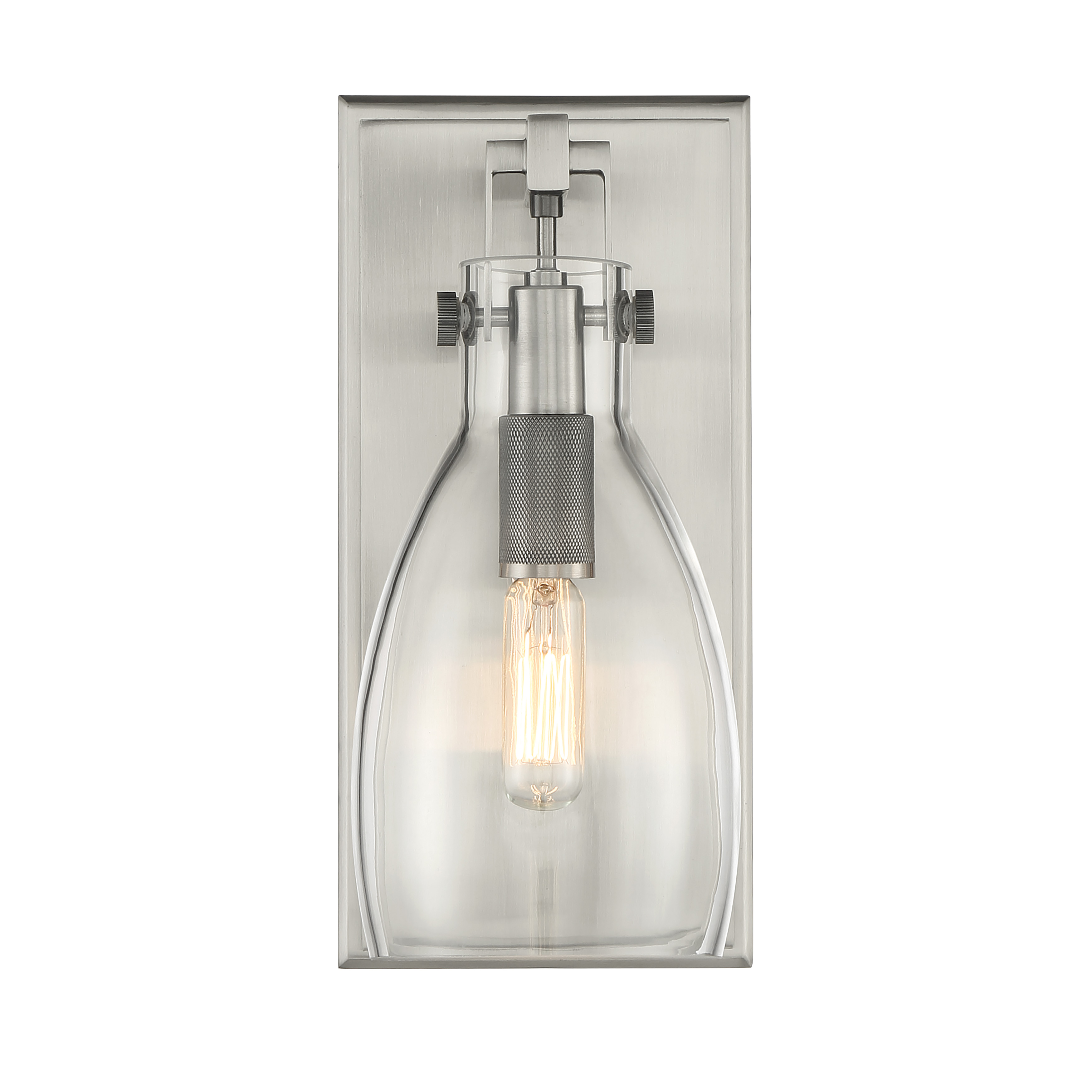 The Tiberia bath sconce combines modern styling with practical functionality. Its plated pewter finish and clear glass shade deliver clean, focused light perfect for vanity areas while adding sophisticated style. - alternate view