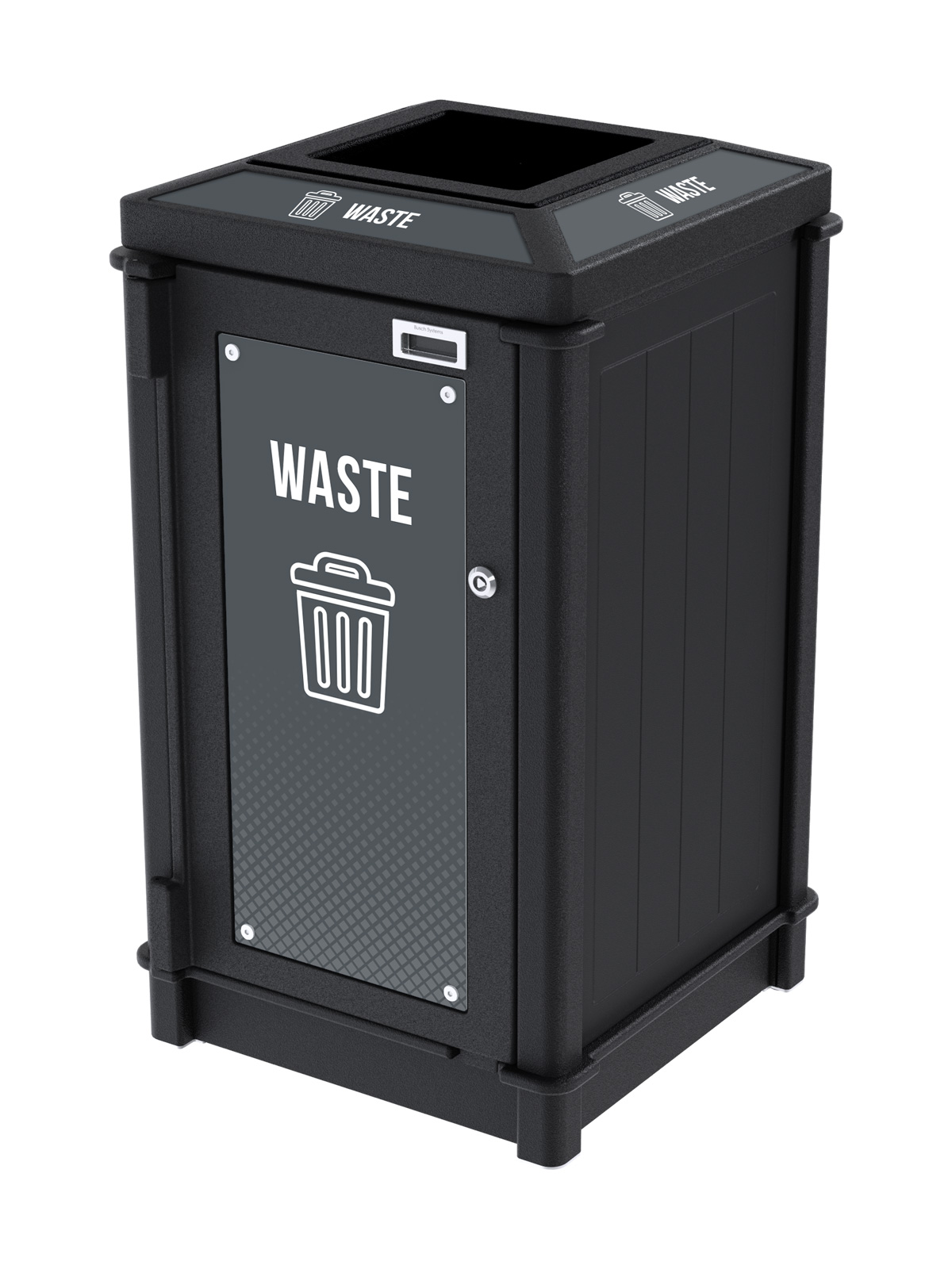 black recycled plastic waste container with top opening lid for collecting trash with high impact signs and labels