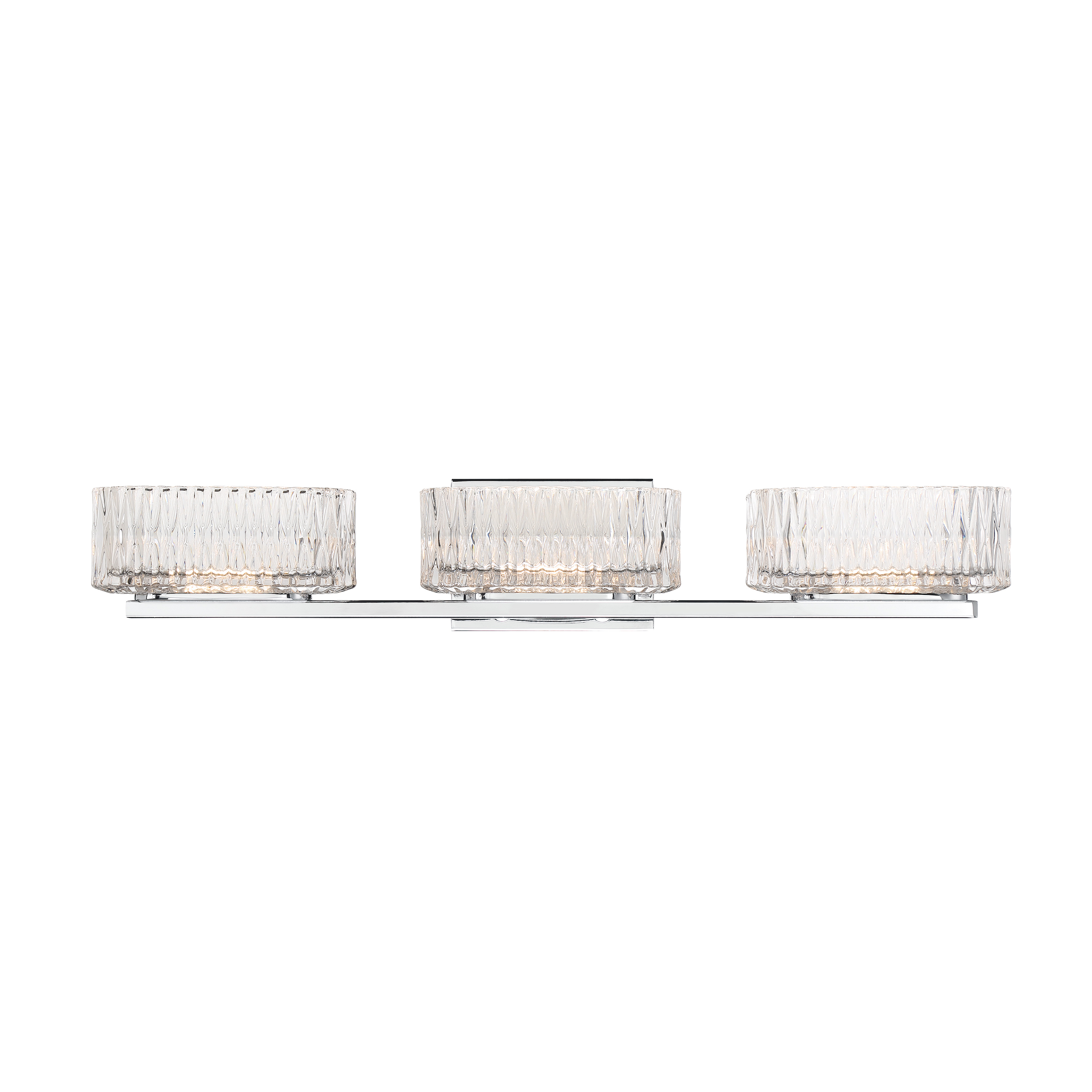 The Sparren 3-light bath vanity delivers exceptional illumination with 2533 lumens and a 94 CRI rating, ensuring accurate color representation. Its contemporary chrome finish and clear glass shades create a clean, modern aesthetic perfect for bathroom vanities. - alternate view