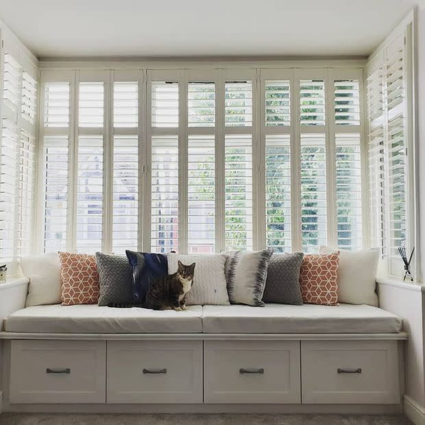 White plantation shutters cover tall bay windows, slatted and partially open to filter daylight; a built-in cushioned bench with patterned pillows and a tabby cat sits in a bright, airy room.