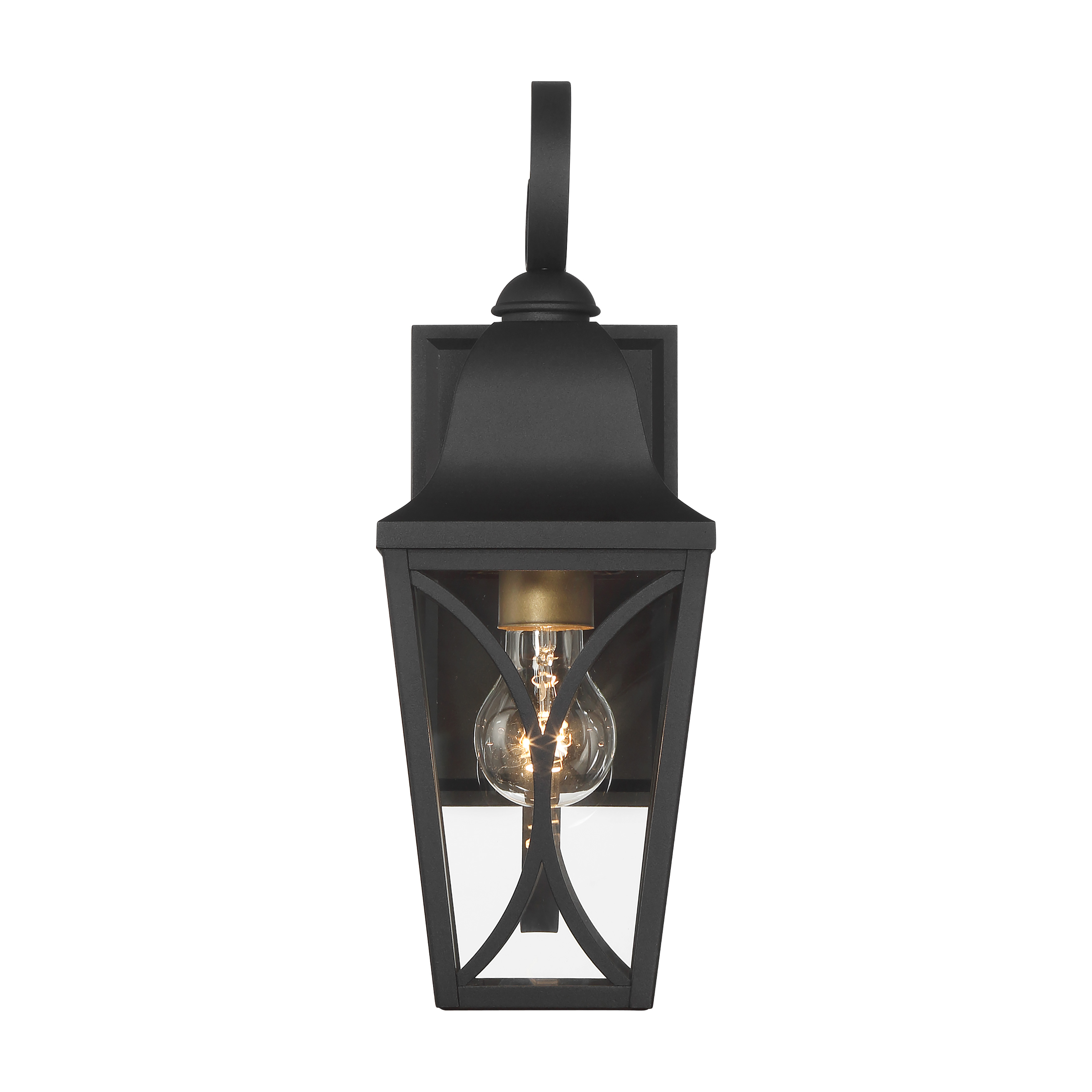 The Cardigan outdoor wall sconce combines traditional styling with industrial accents through its sand coal black and olden brass finish. Clear glass panels showcase the bulb while aluminum construction ensures weather durability. - alternate view