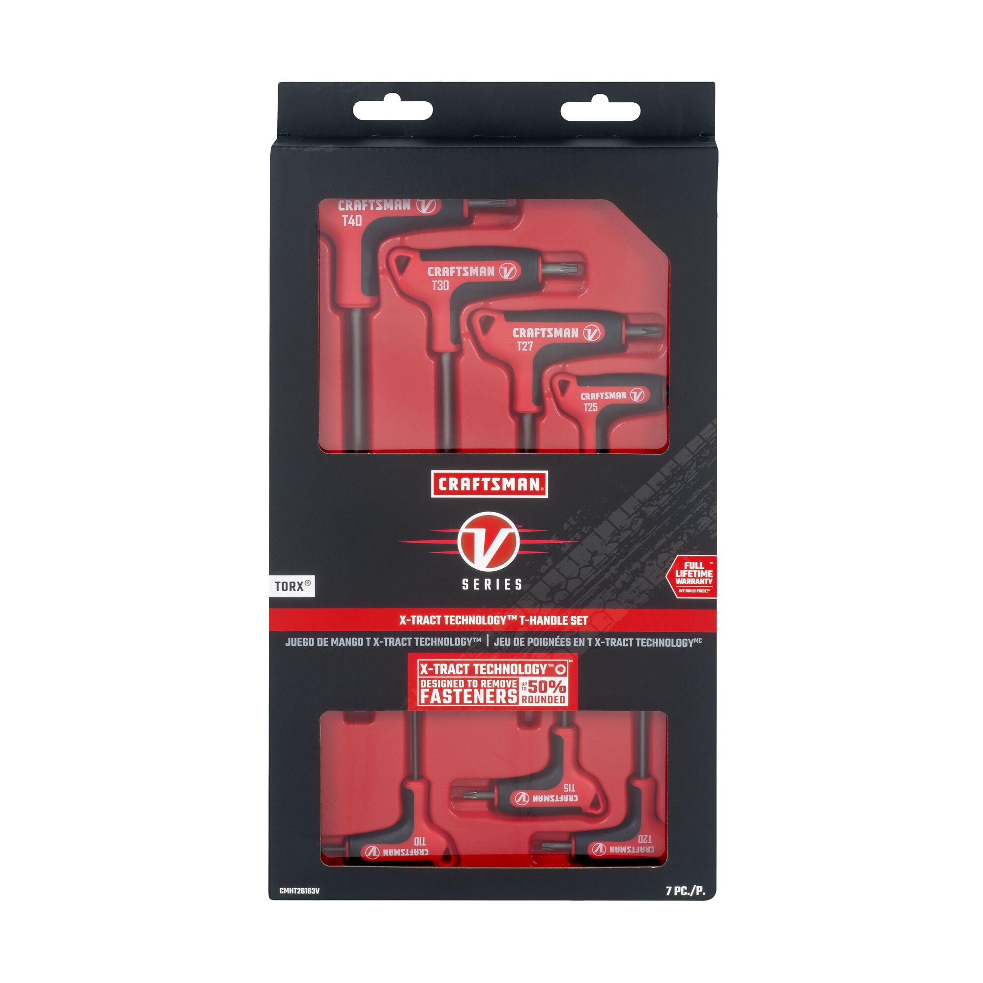 V series 7 piece x tract technology torx t handle set in plastic packaging.