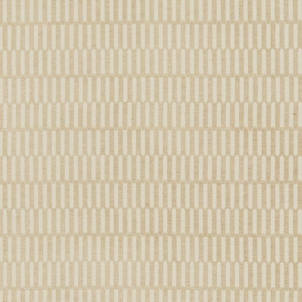 Beige wallpaper with staggered vertical rounded-rectangle motifs arranged in horizontal rows (textured, woven appearance) — repeating uniformly across a wall under soft, neutral indoor lighting.