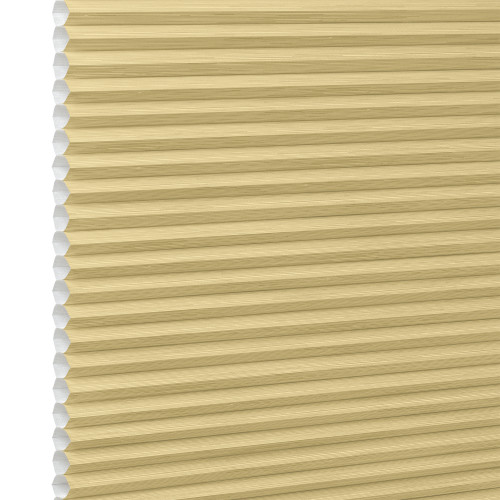 Honeycomb cellular blind, beige with visible hexagonal cells at left edge and narrow horizontal pleats â€” fully lowered and closed, filtering soft light in a close-up, neutral setting.