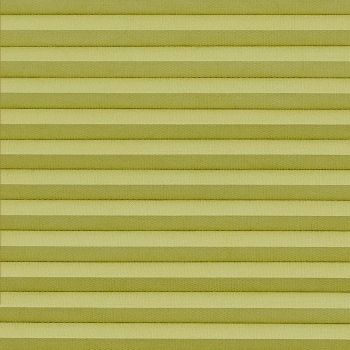 Horizontal pleated blinds (pale yellow‑green), fully lowered and closed with evenly spaced folds, filtering diffuse indoor light and filling the window area; no view visible.