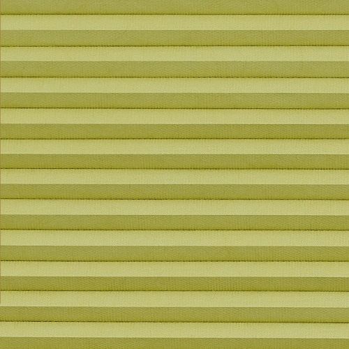 Horizontal pleated blinds (pale yellowâ€‘green), fully lowered and closed with evenly spaced folds, filtering diffuse indoor light and filling the window area; no view visible.