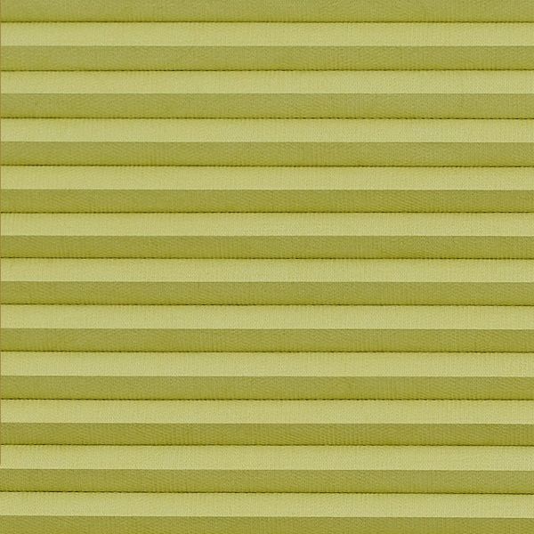 Horizontal pleated blinds (pale yellowâ€‘green), fully lowered and closed with evenly spaced folds, filtering diffuse indoor light and filling the window area; no view visible.