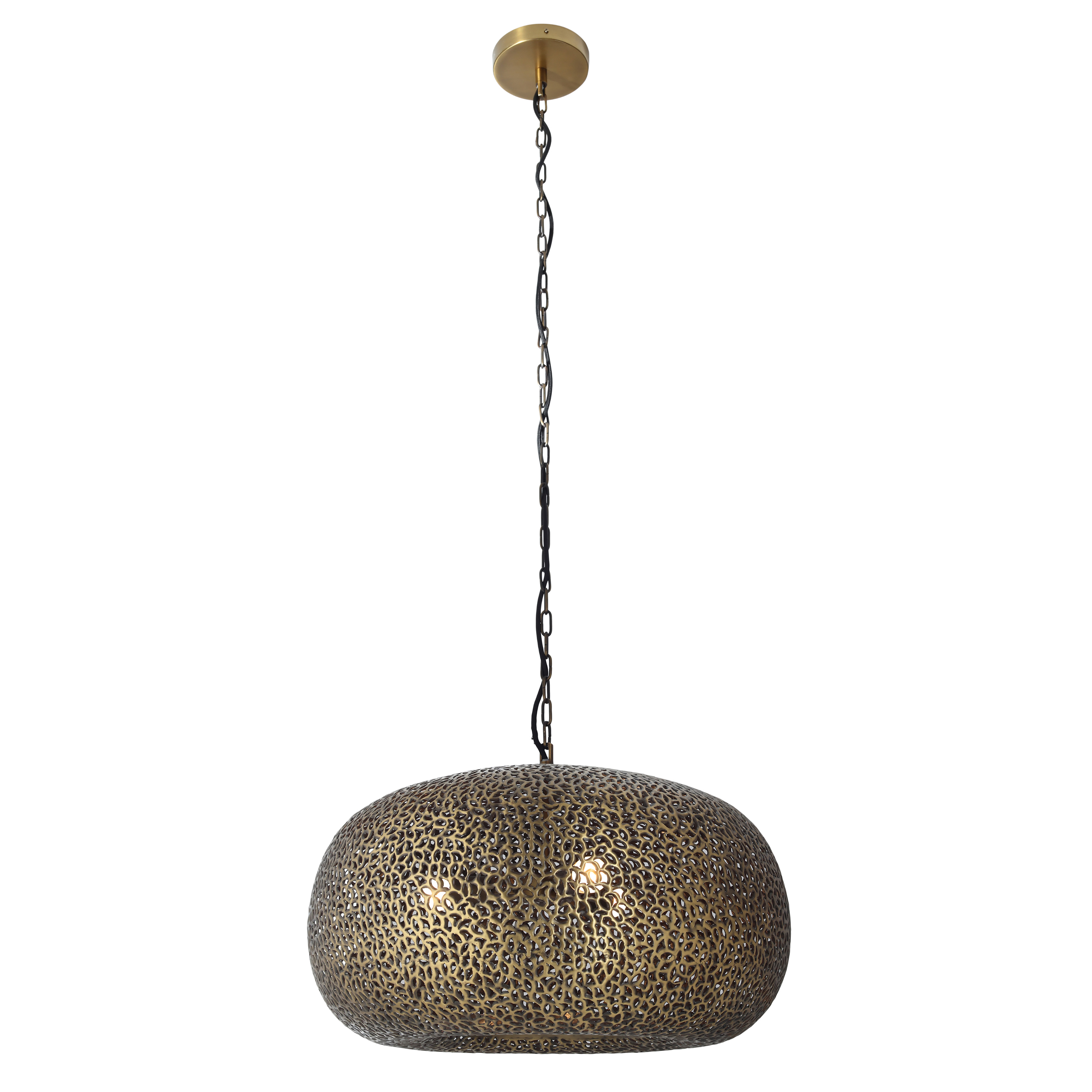The Moradabad pendant showcases authentic Indian craftsmanship with its gilded brass finish and intricate metalwork. At 25.5 inches wide, it provides substantial presence while maintaining refined proportions for medium-sized spaces. - alternate view