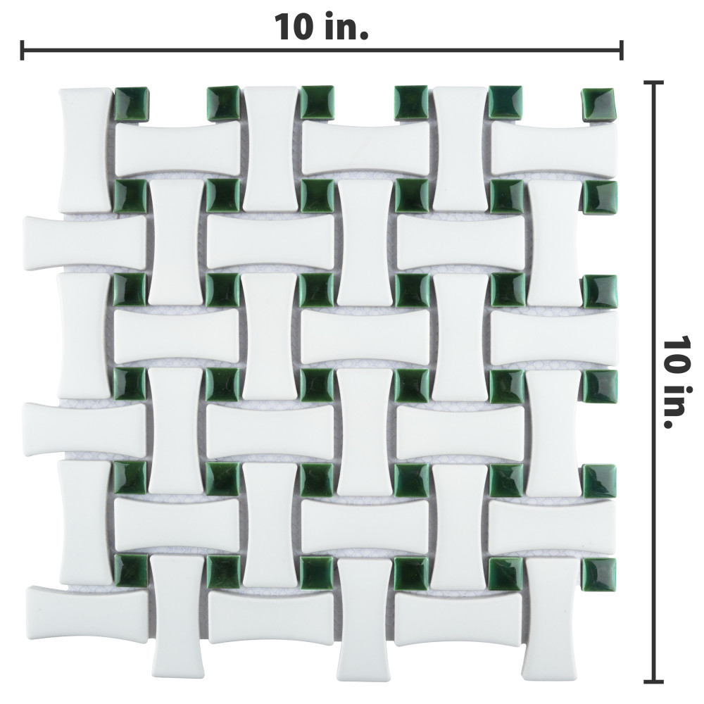 Metro Ion Dog Bone Basketweave Emerald Dot w/Matte White 10 in. x 10 in. Porcelain Mosaic Tile