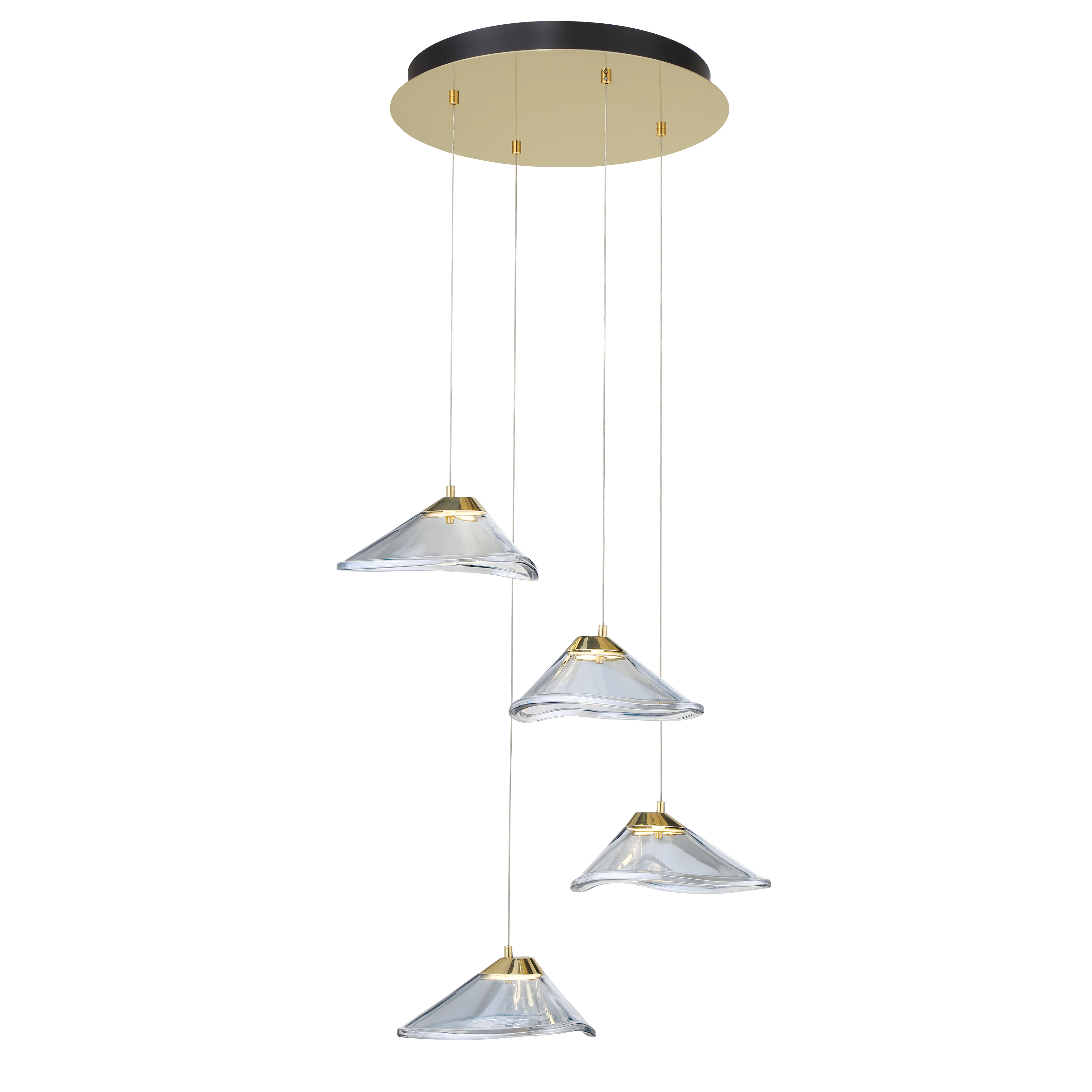 The Sneer pendant combines industrial edge with warm sophistication through its Coal and Sun Gold finish. Four integrated LED lights deliver bright, high-CRI illumination through tinted pressed glass shades, perfect for modern dining spaces. - alternate view