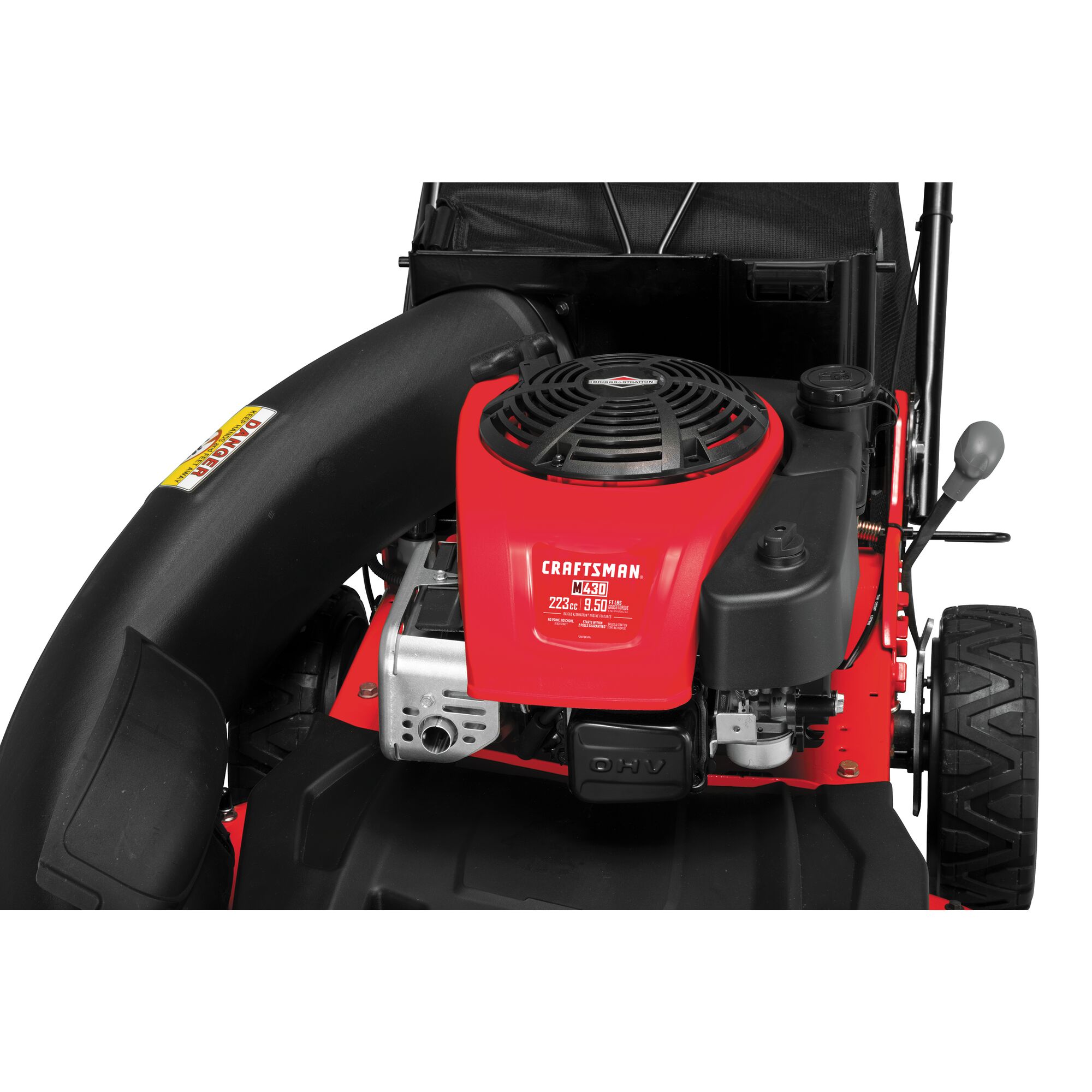 Powerful motor feature of 28 inch 223 c c r w d self propelled mower.