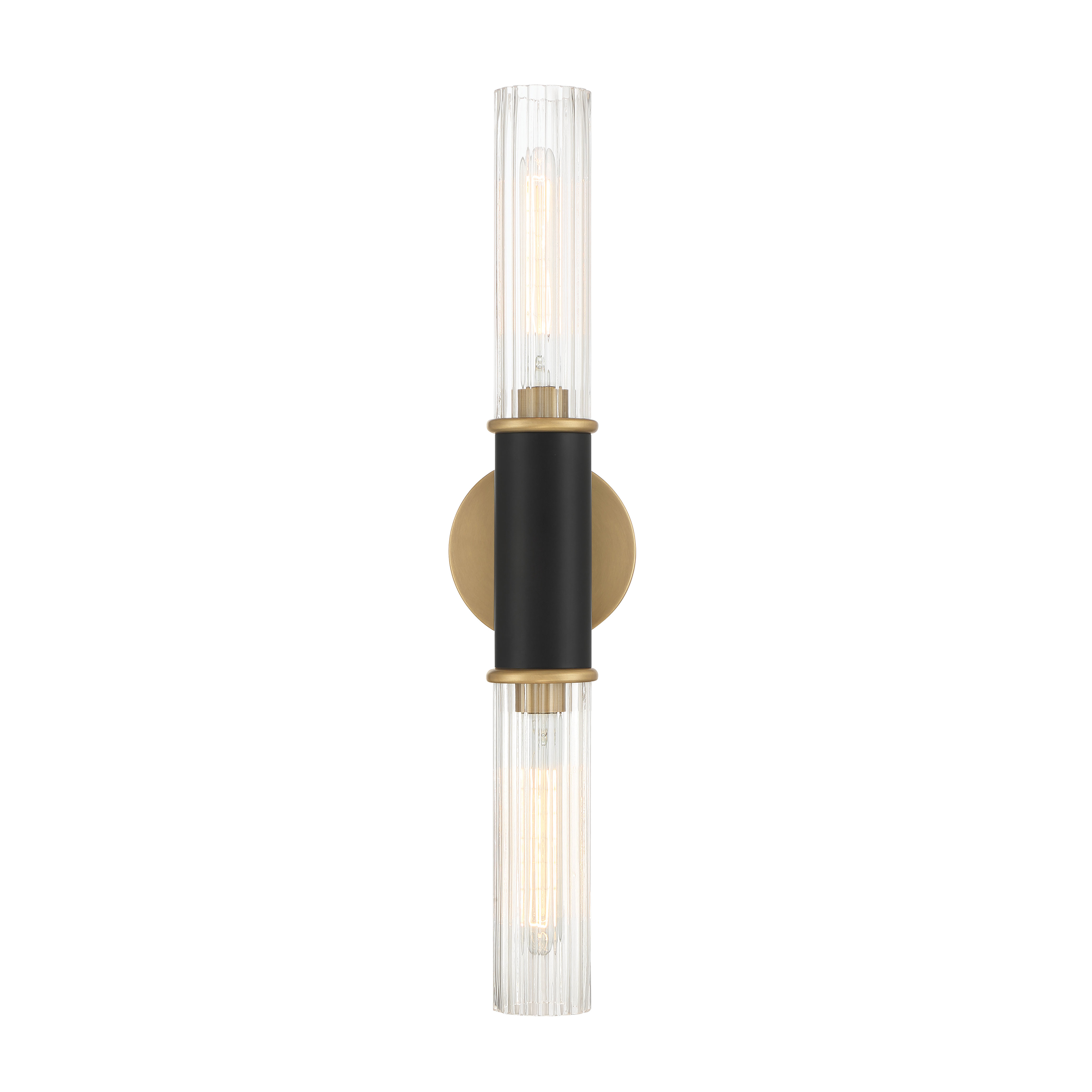 The Stamford wall sconce combines dark matte black and legacy brass finishes with clear glass shades for a sophisticated transitional look. At 24" tall, it provides substantial vertical presence perfect for flanking mirrors or creating dramatic hallway lighting. - alternate view