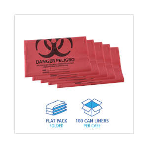 Boardwalk,  LLDPE Liner, 45 gal Capacity, 40 in Wide, 46 in High, 1.3 Mils Thick, Red