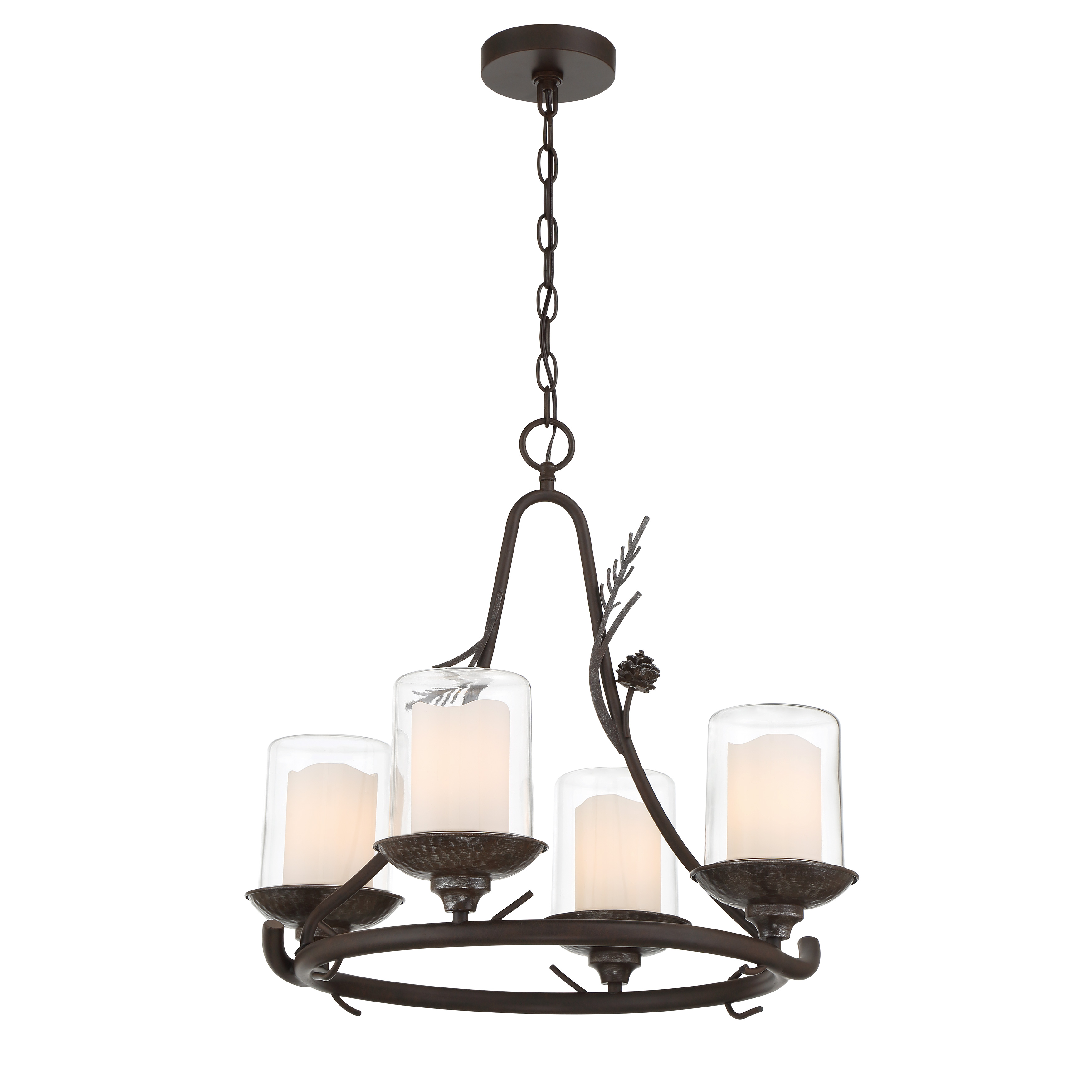 The Ponderosa Ridge brings rustic sophistication to outdoor spaces with its weathered spruce finish and silver highlights. Four lights provide ample illumination through clear glass shades, perfect for covered patios and porches. - alternate view