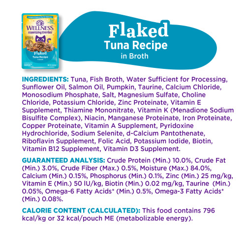 <p>Tuna, Fish Broth, Water Sufficient for Processing, Sunflower Oil, Salmon Oil, Pumpkin, Taurine, Calcium Chloride, Monosodium Phosphate, Dried Chicory Root, Salt, Guar Gum, Magnesium Sulfate, Choline Chloride, Potassium Chloride, Zinc Proteinate, Vitamin E Supplement, Thiamine Mononitrate, Vitamin K (Menadione Sodium Bisulfite Complex), Niacin, Manganese Proteinate, Iron Proteinate, Copper Proteinate, Vitamin A Supplement, Pyridoxine Hydrochloride, Sodium Selenite, d-Calcium Pantothenate, Riboflavin Supplement, Folic Acid, Potassium Iodide, Biotin, Vitamin B12 Supplement, Vitamin D3 Supplement.</p>
