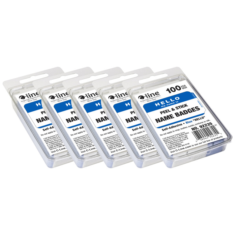 Pressure Sensitive Badges, Hello my name is, Blue, 3-1/2" x 2-1/4", 100 Per Pack, 5 Packs