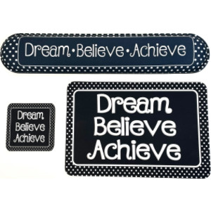The Original Fun Mat&reg; Computer Desk Mats, Set of 3, (1) Mouse Pad, (1) Keyboard Wrist Pad, (1) Coaster, Dream, Believe, Achieve, Black with White Dots